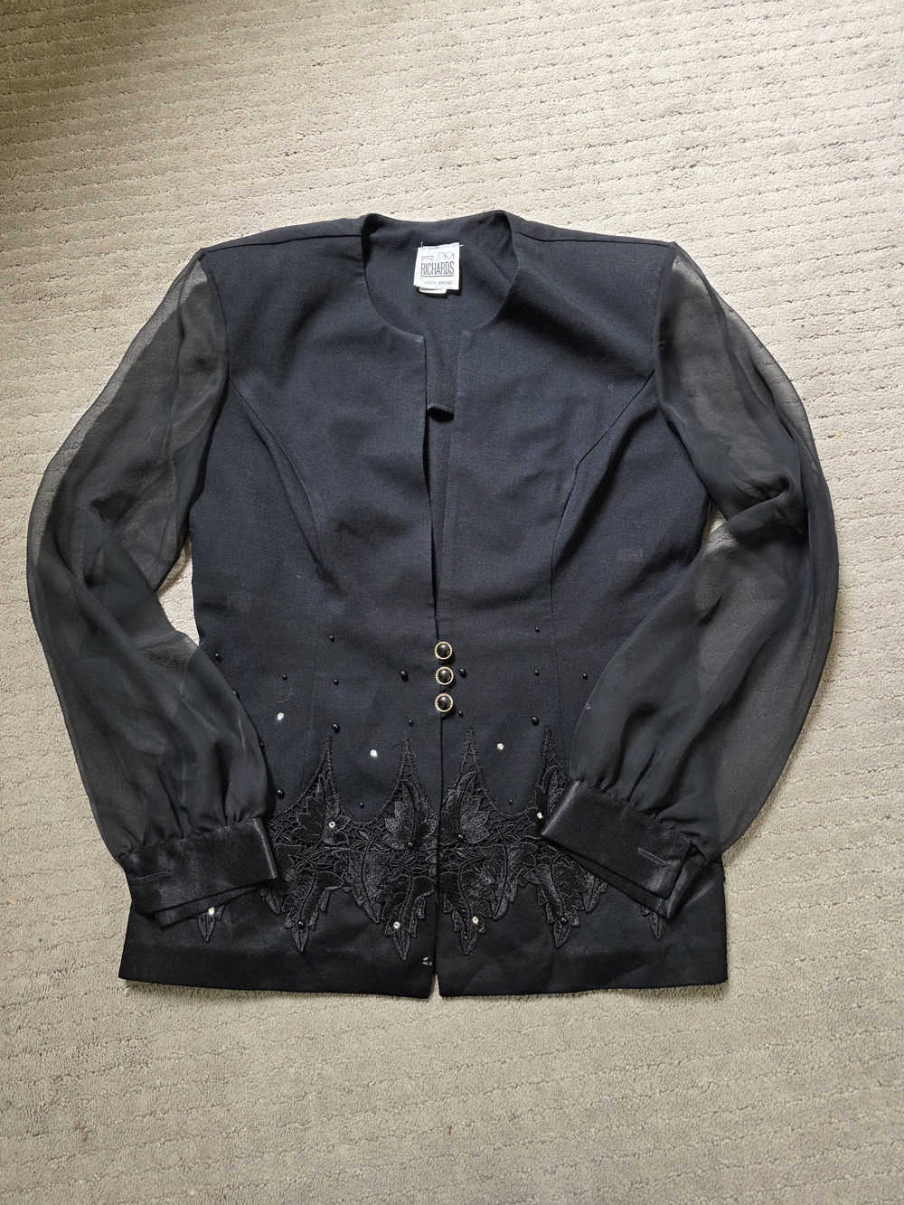 R&M Richards Black Sheer-Sleeve Embellished Blazer